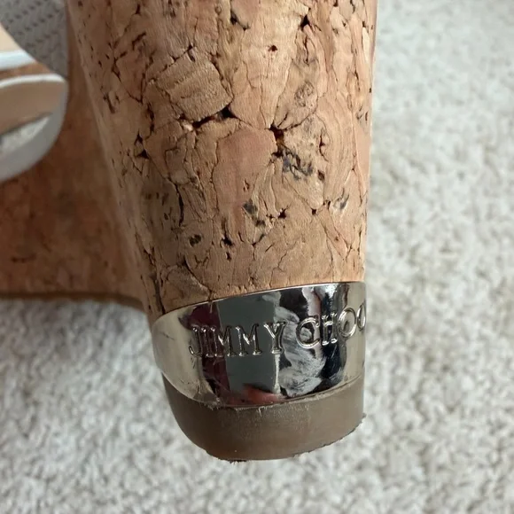 Jimmy Choo White Woven Leather Portia Cork Wedge Platform Sandals Sz 38.5 US 8.5 - Picture 8 of 11